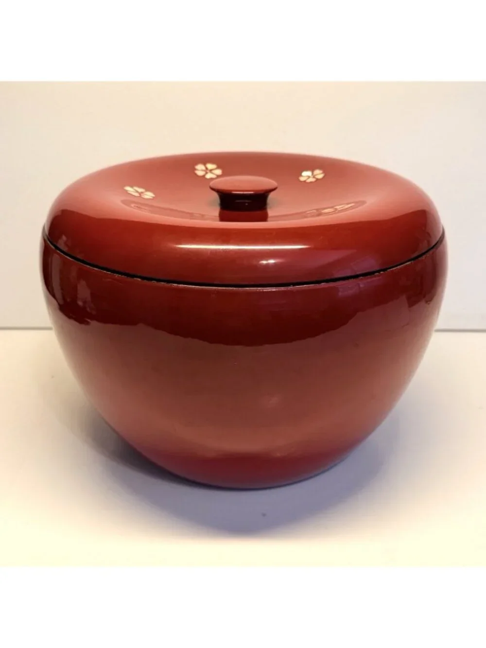 Japanese Wood Red Lacquer Ohitsu Rice Serving Bowl Mother of Pearl Inlay